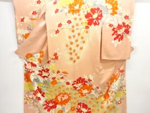 大正ロマン　錦紗孔雀に草花模様刺繍着物
